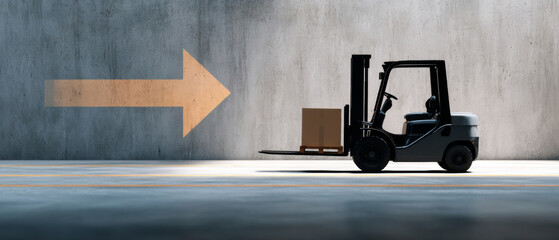 Fototapeta premium Side view of forklift carrying cardboard box in warehouse with large directional arrow painted on concrete wall