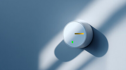 Close-up of modern white circular thermostat control with indicator lights casting shadows on smooth wall surface
