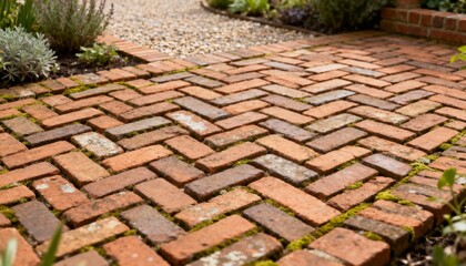 Medium shot capturing a basket weave brick patio with interlaced rectangular bricks creating a classic and elegant flooring detail in a garden setting.