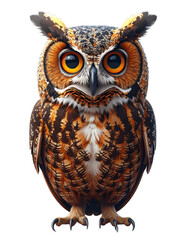 Curious brown owl , whole figure, with large round eyes, nocturnal bird, transparent background.
