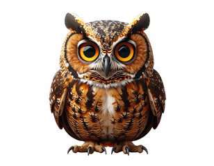 Curious brown owl , whole figure, with large round eyes, nocturnal bird, transparent background.
