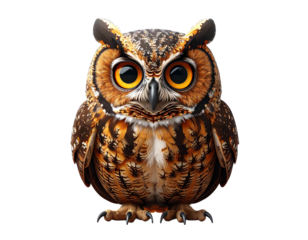Curious brown owl , whole figure, with large round eyes, nocturnal bird, transparent background.
