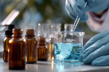A laboratory scene showcasing a scientist carefully mixing blue liquid in a beaker with various glass containers in the background.