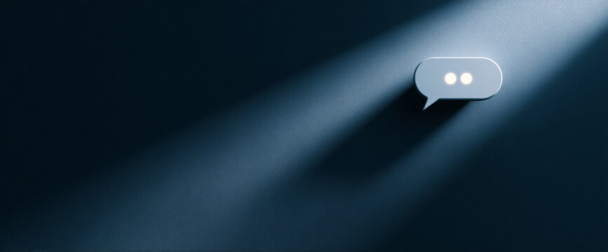 Minimalistic illuminated speech bubble icon casting long shadow on dark textured background symbolizing communication and messaging