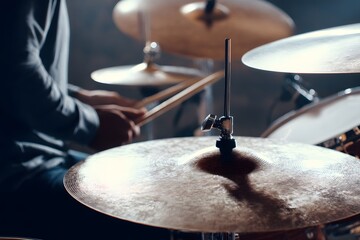 Obraz premium Close-up of a cymbal being played in a drum kit with drumsticks visible in the background