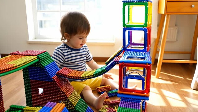 Young Child Playing with Colorful Building Blocks in Cozy Indoor Setting
