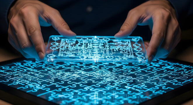 Innovative Technology Concept Hands Assembling Digital Circuitry Puzzle - Powered by Adobe