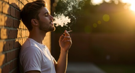 A contemplative young man leans against a brick wall enjoying a cigarette in golden hour light