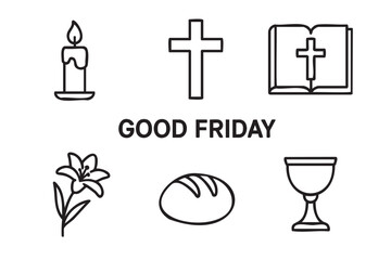 Set of black line art icons for good friday including a cross, bible, candle, lily, bread, and chalice in a simple, minimalist vector illustration for religious observance