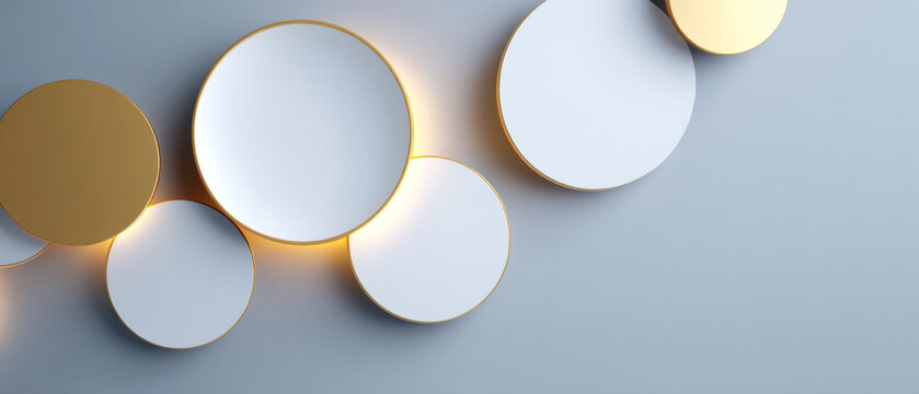 Abstract composition of white and gold circular shapes with soft glowing edges on a smooth gray background in modern minimalist style