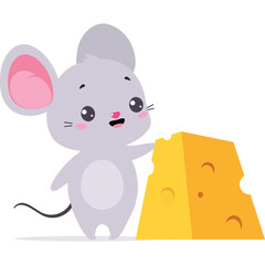 Cute Gray Mouse With Big Pink Ears Standing Next To A Wedge Of Yellow Cheese On A White Transparent Background With No Shadows