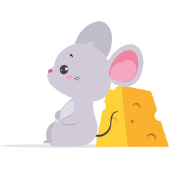 Adorable Gray Mouse Peeking From Behind a Wedge of Yellow Swiss Cheese with Pink Ears and Black Eyes on a Transparent Background