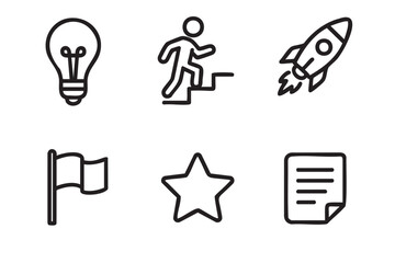 Fototapeta premium Set of black line art icons for business concepts including a lightbulb for ideas, a rocket for startups, a star for success, and a flag for goals, in a clean minimalist style