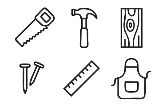 Set of black line art icons for carpentry and woodworking includes a handsaw, hammer, wood plank, nails, ruler, and apron in a simple minimalist vector illustration style