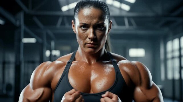 Determined female bodybuilder showcases powerful physique with intense focus in a modern gym setting, symbolizing strength and dedication