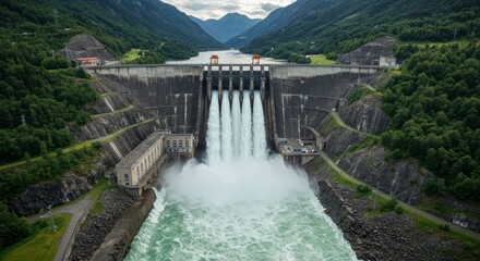 Aerial view of a hydroelectric dam in Norway surrounded by mountains and lush greenery showcasing