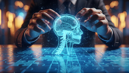 Brain and Skull Hologram Concept with Puzzle Digital Thinking Ai