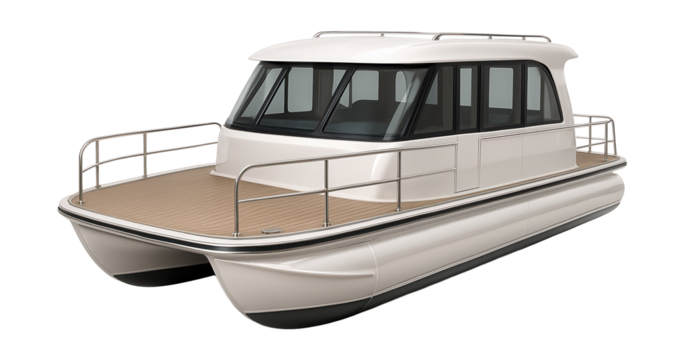 Flat-deck cabin boat with pontoon design and enclosed living space.
