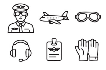 Set of six black line art icons representing the pilot profession and aviation, including an airplane, goggles, headset, id badge, and gloves in a minimalist vector style