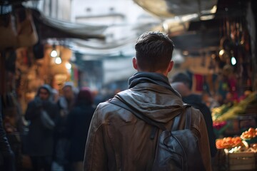 Obraz premium Man with backpack walks through a crowded outdoor market