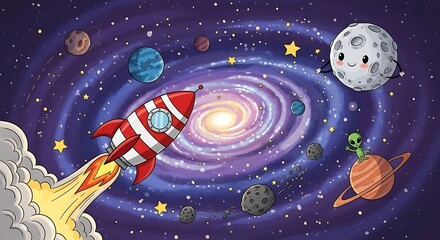 Cartoon Rocket Launching into Space with Planets and Galaxy.