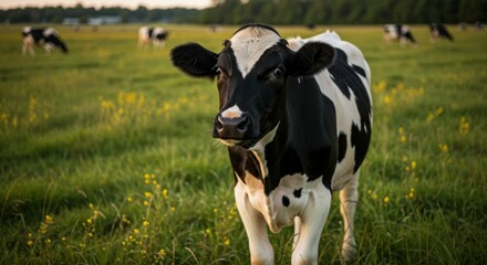 Black and white Holstein cow grazing in lush green field offering pastoral view perfect for