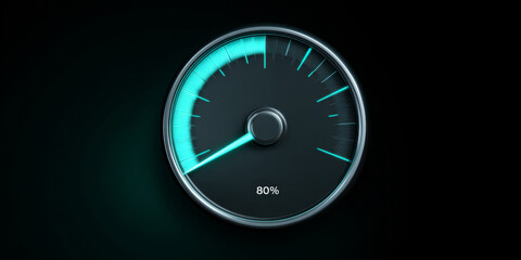 Close-up of a futuristic digital speedometer gauge displaying 80 percent progress with glowing blue indicators on a dark background