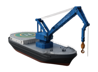 Floating crane barge featuring a built-in helipad and blue crane arm.