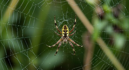 Close up of a striking argiope spider suspended in a delicate web with dew drops