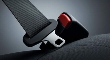 Close up of a black car seatbelt buckle ensuring safety and security during driving transportation