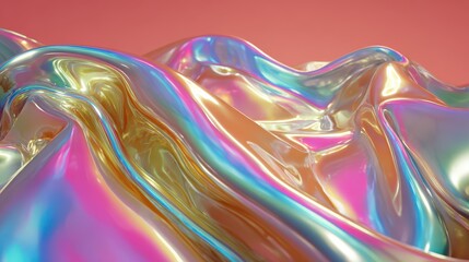 Wavy iridescent material folds showcase vibrant holographic colors against a soft background