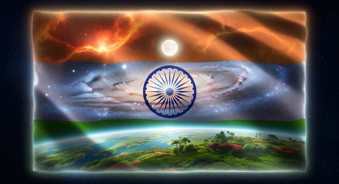 Cosmic Indian Flag in Space with Nebula, Galaxy, and Earth Landscape - Powered by Adobe