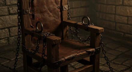Creepy electric chair chained in dark prison cell with brick walls background ominous atmosphere