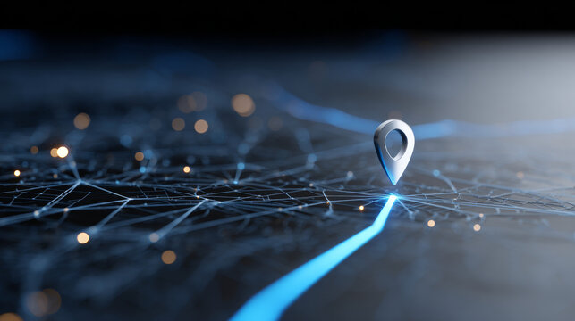 3D rendering of a digital map with a glowing blue route and a location pin marker highlighting a specific point in a futuristic navigation interface