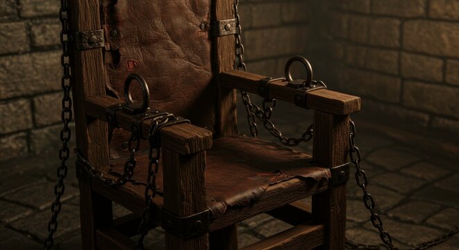 Creepy electric chair chained in dark prison cell with brick walls background ominous atmosphere