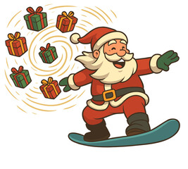 Cartoon Santa snowboarding fast with colorful presents floating behind him.