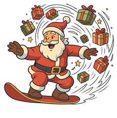 Happy Santa Claus speeding on a snowboard with Christmas gifts swirling around.