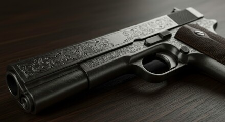 Elegant Engraved Pistol on a Wooden Surface Showcasing Detail and Craftsmanship in Gun Design