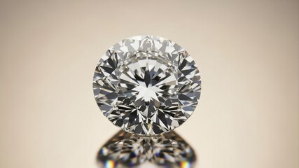 Close-up of a sparkling round cut diamond on a reflective surface.