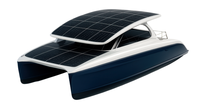 Sustainable solar catamaran featuring electric propulsion and quiet operation.