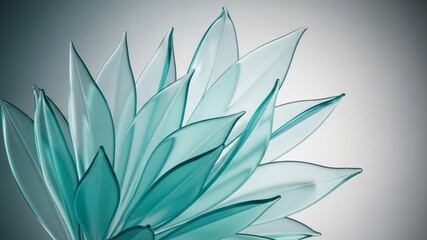 Close-up of a translucent teal glass succulent sculpture with a soft gradient background.