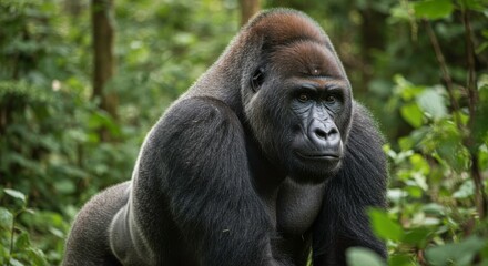 Magnificent Silverback Gorilla Portrait in Lush Tropical Rainforest Habitat Majesty