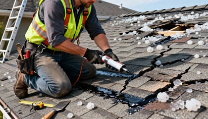 Medium shot of a roofing specialist using tools to seal cracks and restore weatherproofing on hailimpacted shingle surfaces.