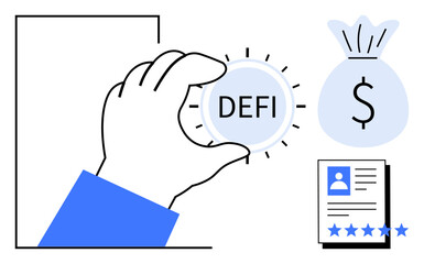 Hand holding a Defi token with dollar money bag and user profile with rating concepts. Ideal for decentralized finance, blockchain, cryptocurrency, fintech, digital payment, investment, financial