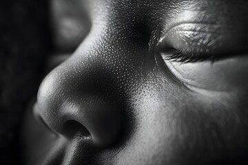 Close up in black and white of a human eye and nose