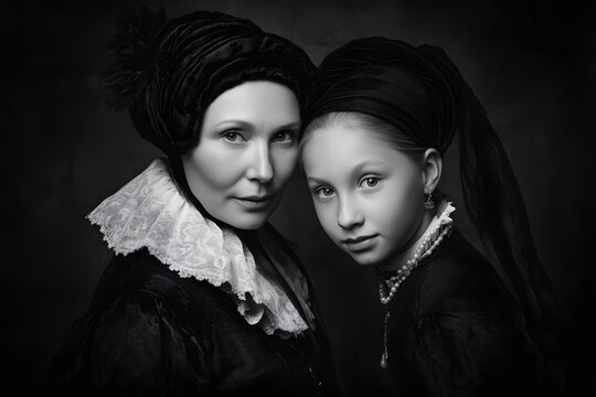 Elegant portrait of woman and girl in baroque style with dark background
