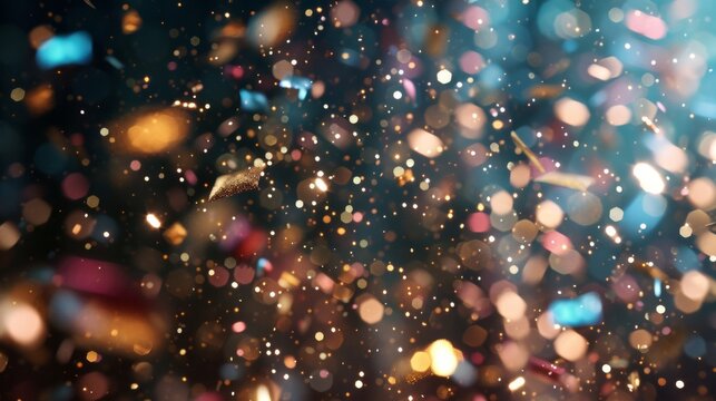 Sparkling gold and blue confetti glitter background. Abstract festive particles with bokeh lights for a celebration. Holiday party or new year event concept