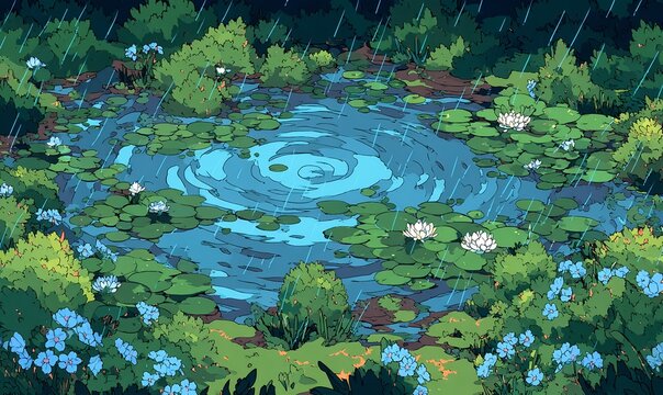 Gentle stormlight over tranquil water where lotus leaves sway under the rhythm of rain