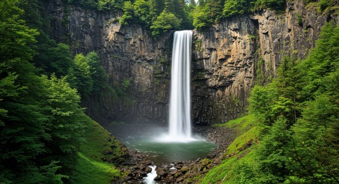 Majestic waterfall cascading down a cliff face surrounded by lush green forest scenery and mossy - Powered by Adobe