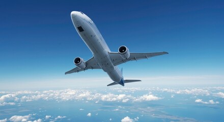Obraz premium Modern passenger airplane in flight over a sea of clouds and bright blue sky showcasing air travel